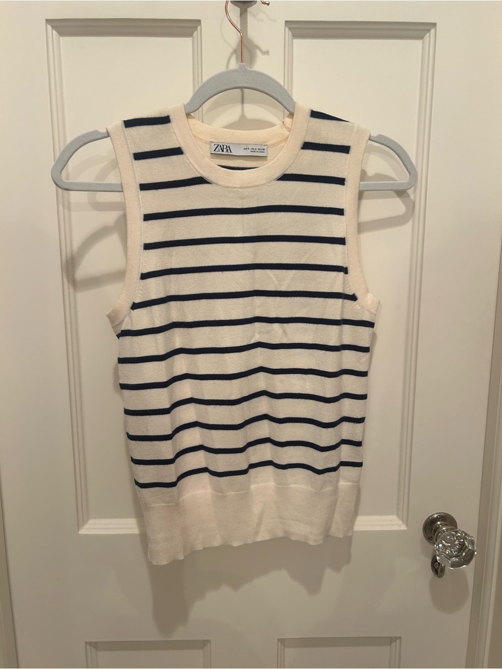 Zara Cream Sleeveless Knit Sweater Vest Top with Navy Stripes